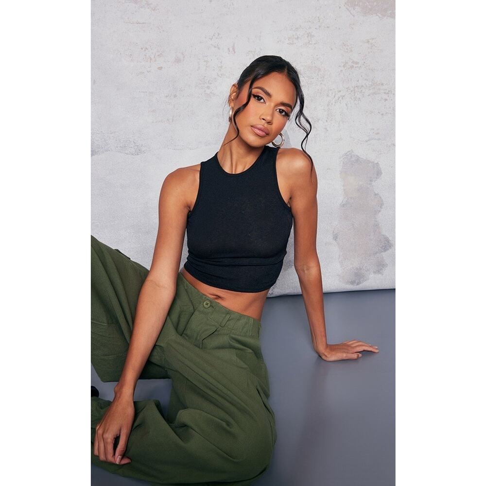 Pretty Little Thing Womens Black Burnout Mesh Racer Crop Top Size 6US